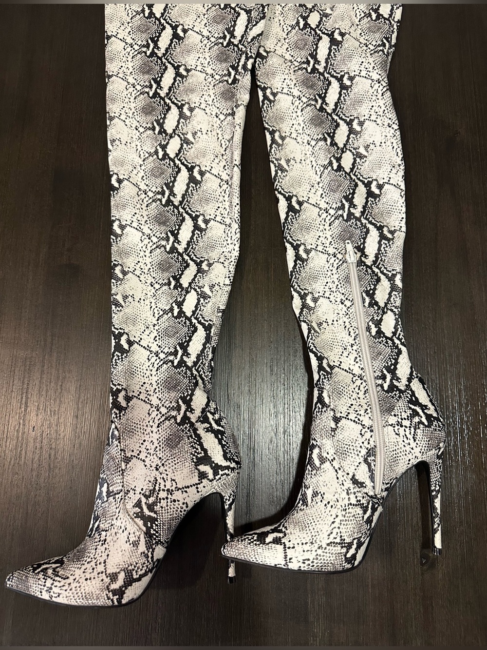Steve Madden Snake Print Over-the-Knee Stiletto Boots - White/Black